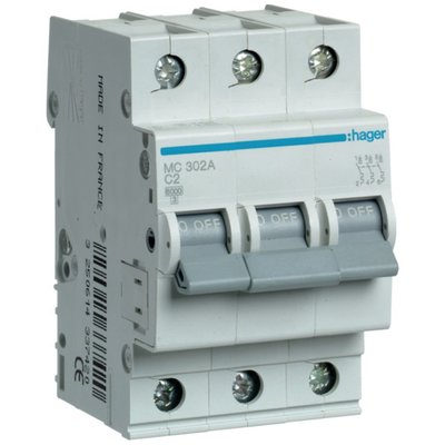 Автоматичний вимикач Hager MC302A 3-полюсний 6kA In=2А тип C 28628 фото