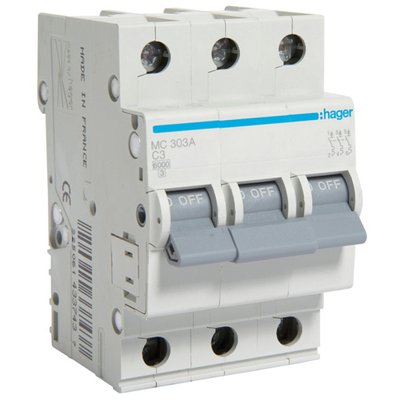 Автоматичний вимикач Hager MC300A 3-полюсний 6kA In=0.5А тип C 28630 фото